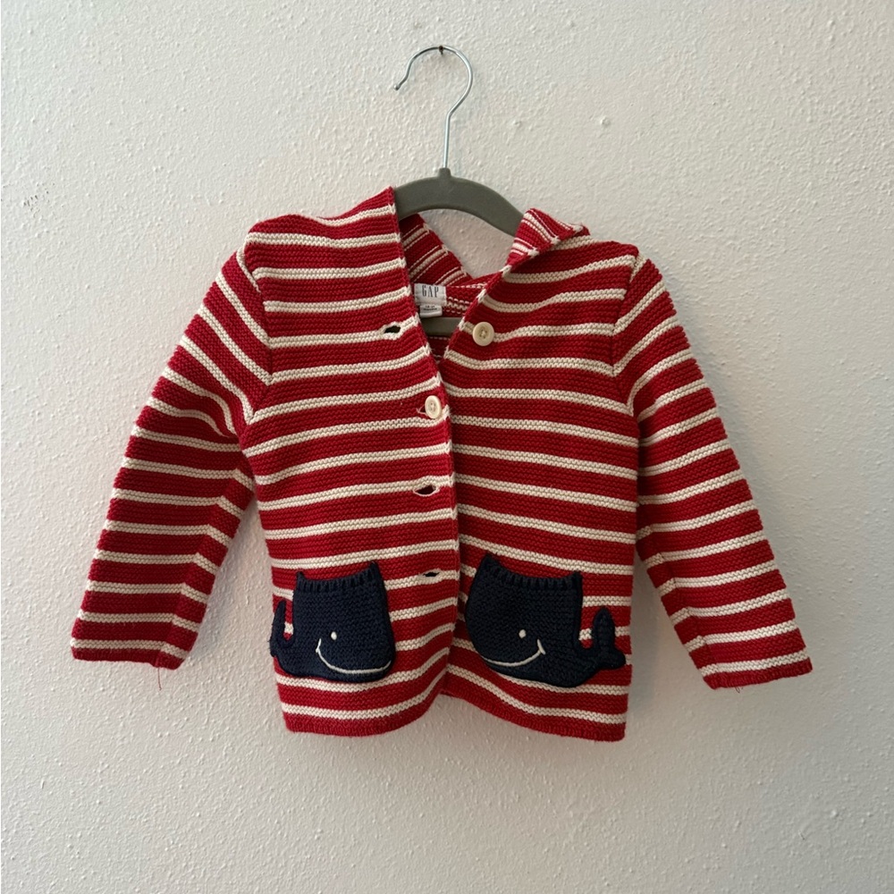Baby Gap Boy or Girl Red White Stripe Hood Blue Whale Button Sweater